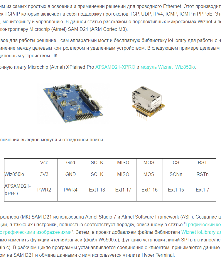 Реализация Ethernet c помощью моста Wiznet W5500 и микроконтроллера Microchip (Atmel) SAM D21