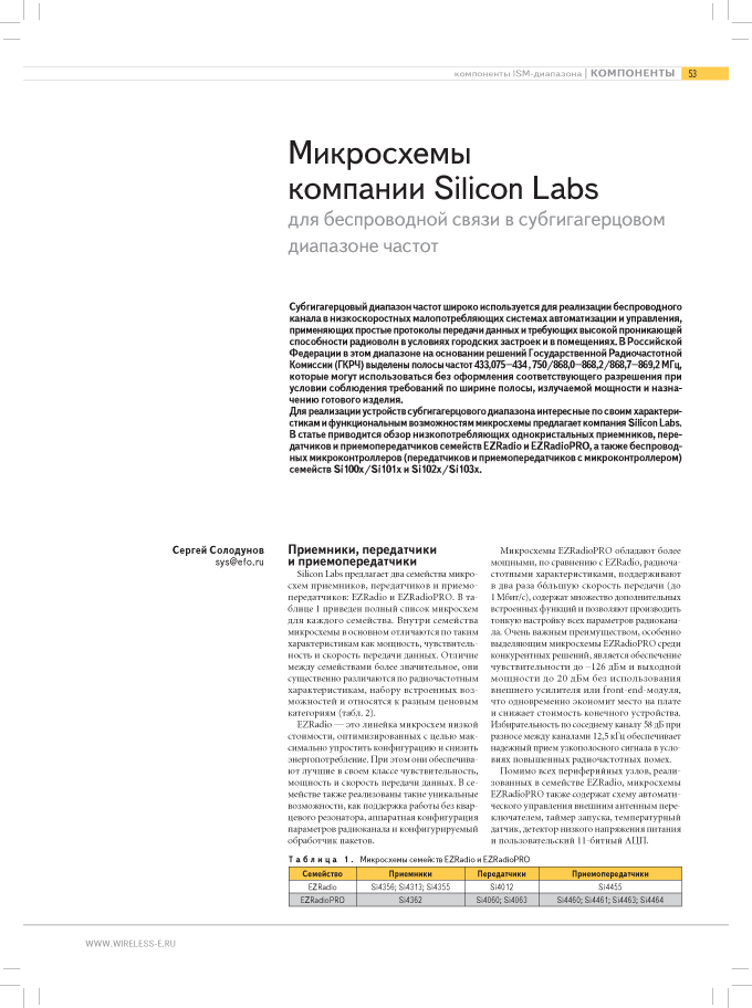 Микросхемы компании Silicon Labs для беспроводной связи в субгигагерцовом диапазоне частот