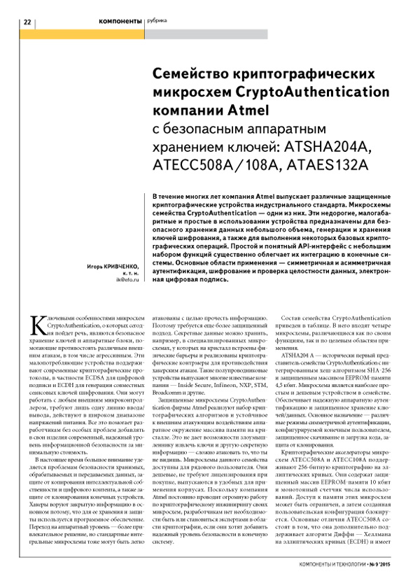 Семейство криптографических микросхем CryptoAuthentication компании Atmel с безопасным аппаратным хранением ключей: ATSHA204A, ATECC508A/108A, ATAES132A